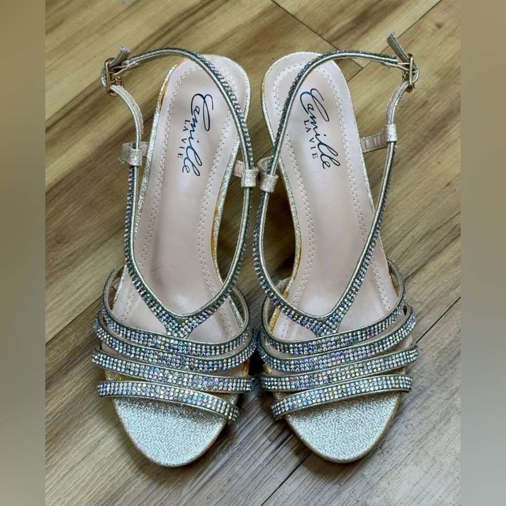 10: Camille La Vie Rhinestone Strappy Heels - Size 6